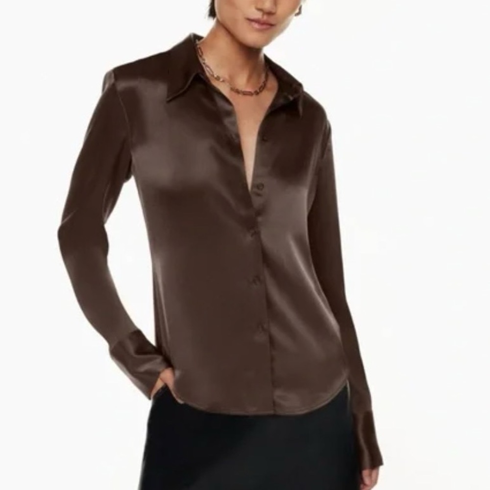 Aritzia Babaton Satin Industry Long Sleeve Top In Rich Mocha Brown